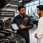 A certified car mechanic in Dubai inspecting a vehicle engine at a professional auto repair workshop