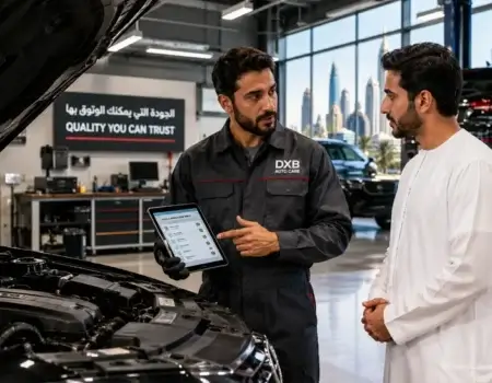 A certified car mechanic in Dubai inspecting a vehicle engine at a professional auto repair workshop