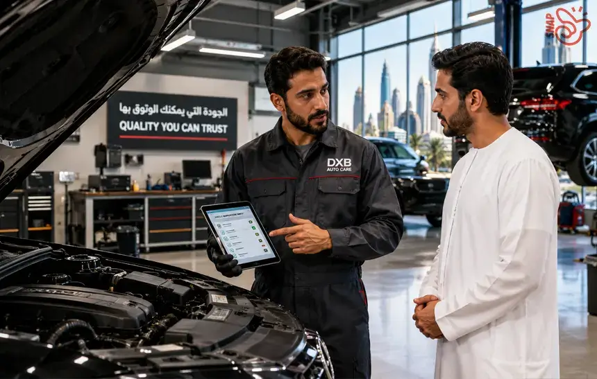 A certified car mechanic in Dubai inspecting a vehicle engine at a professional auto repair workshop