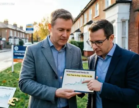 A UK residential street showing houses for sale, representing the best time to buy property UK