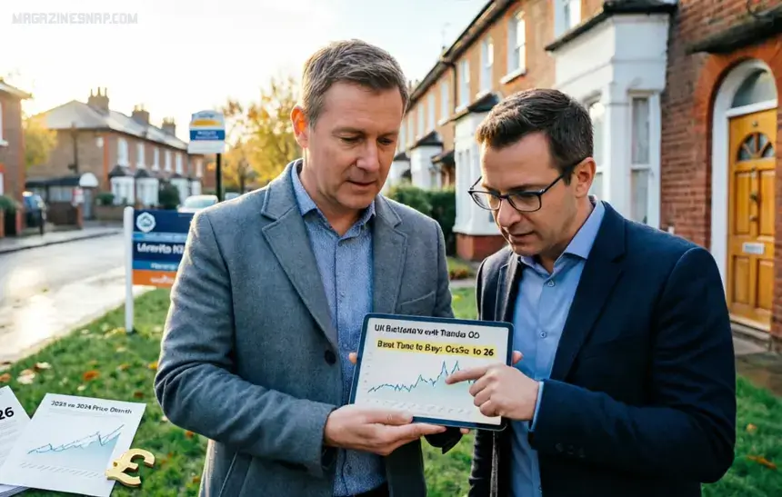 A UK residential street showing houses for sale, representing the best time to buy property UK