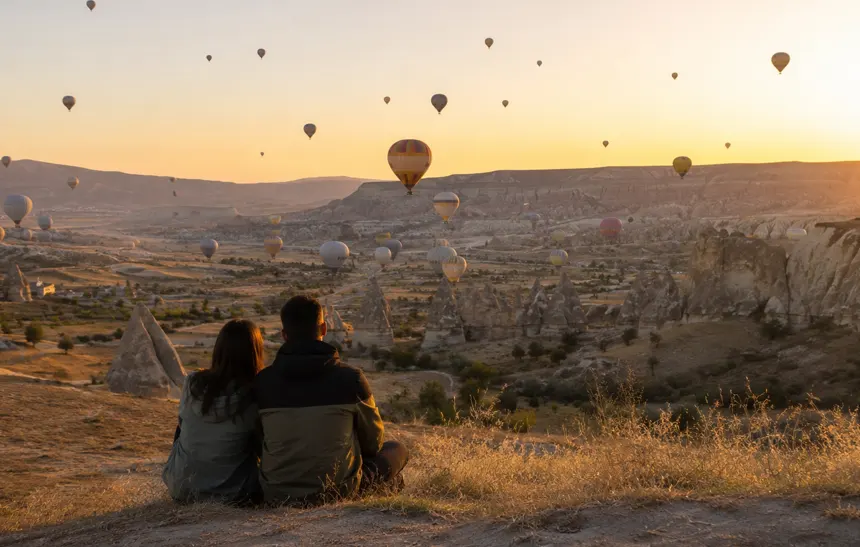 Sunrise hot air balloons floating above Cappadocia valleys viewed from the ground