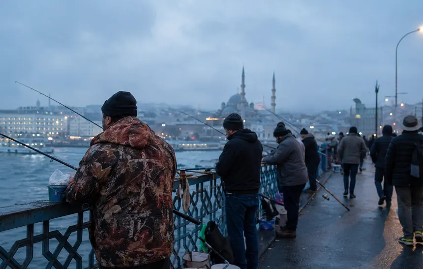 Fishermen on Galata Bridge at sunrise in Istanbul with Bosphorus ferries in the background
