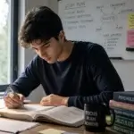 Student using active recall and flashcards to memorize fast for exams