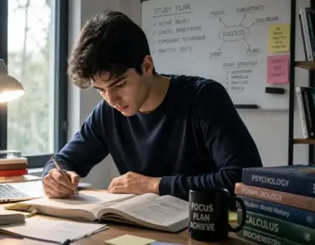 Student using active recall and flashcards to memorize fast for exams