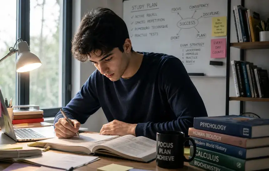 Student using active recall and flashcards to memorize fast for exams