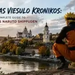 Narutas Viesulo Kronikos - Lithuanian title card for Naruto Shippuden showing ninja characters in action