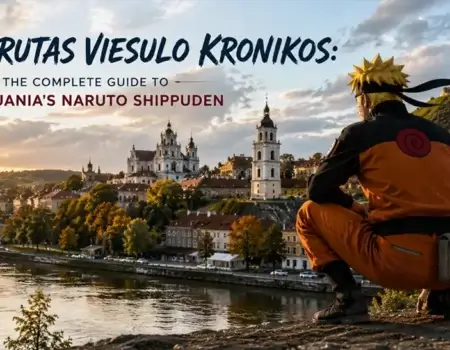 Narutas Viesulo Kronikos - Lithuanian title card for Naruto Shippuden showing ninja characters in action