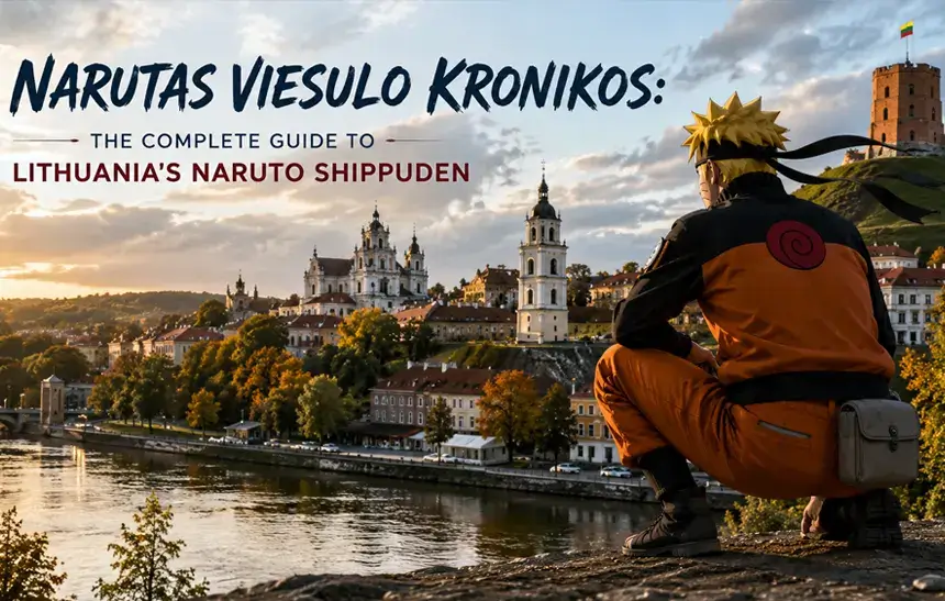Narutas Viesulo Kronikos - Lithuanian title card for Naruto Shippuden showing ninja characters in action