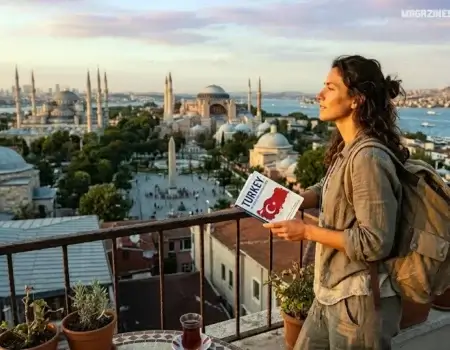 Scenic view of the best places to visit in Turkey including Istanbul skyline and Cappadocia hot air balloons