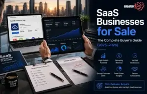 SaaS Businesses for Sale -The Complete Buyer’s Guide (2025–2026) A digital dashboard showing SaaS businesses for sale with revenue metrics and acquisition data
