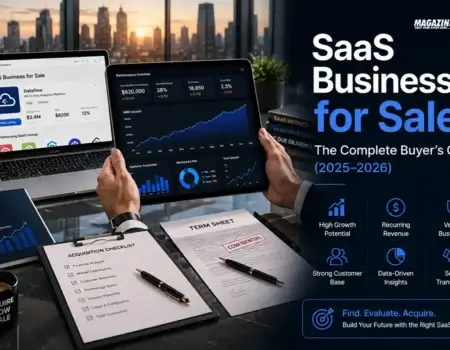A digital dashboard showing SaaS businesses for sale with revenue metrics and acquisition data