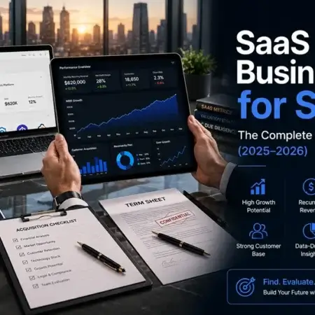 A digital dashboard showing SaaS businesses for sale with revenue metrics and acquisition data