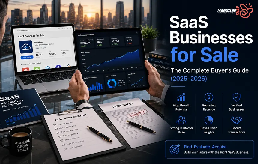 A digital dashboard showing SaaS businesses for sale with revenue metrics and acquisition data