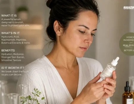 Serum Qawermoni facial serum bottle with skincare ingredients on a clean white background