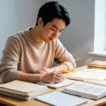 A student using proven study tips for weak students at a clean desk with a notebook and textbook