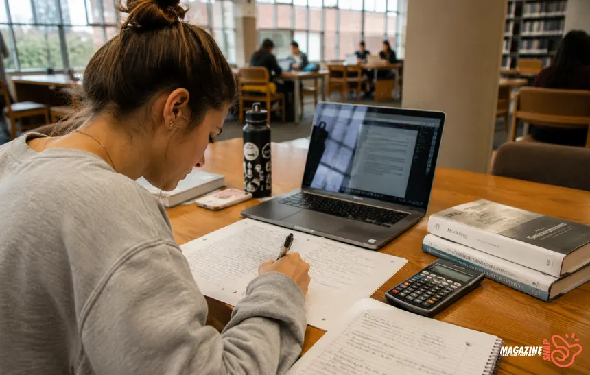 Student writing study notes from memory with closed textbooks in a university library