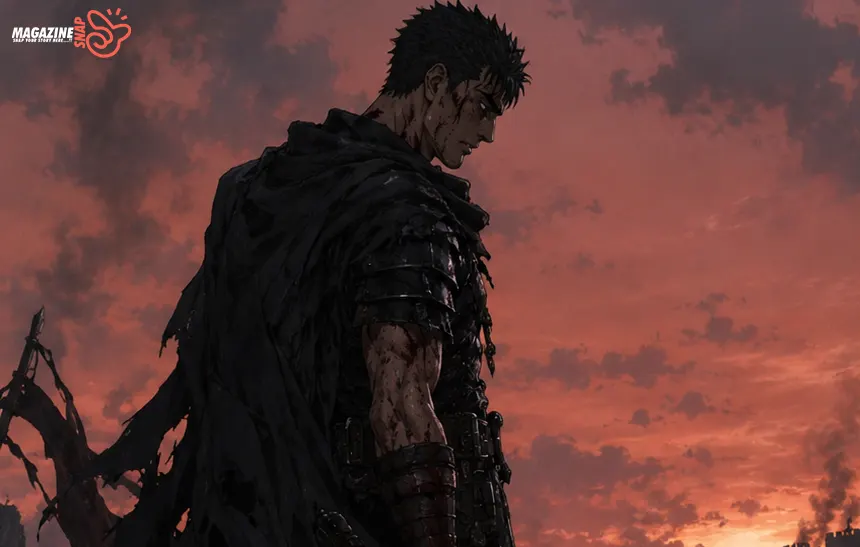 Anime-style wounded warrior standing in a ruined battlefield at dusk with smoke, rain, and a broken sword.