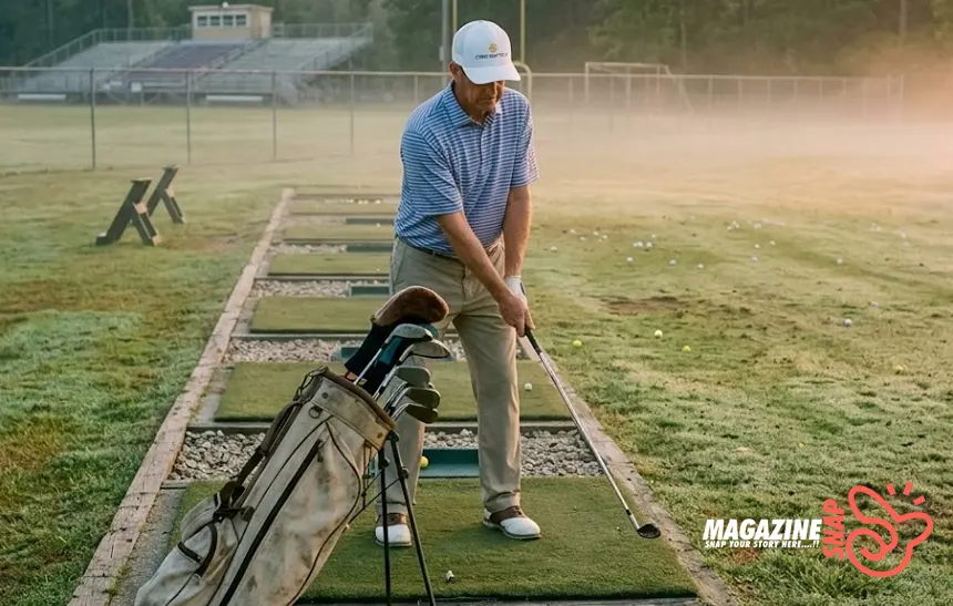 Young golfer practicing on a misty Louisiana driving range at sunrise
