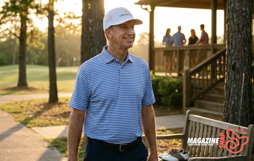 Mature golfer walking near a Louisiana golf course at sunset with family in the distance