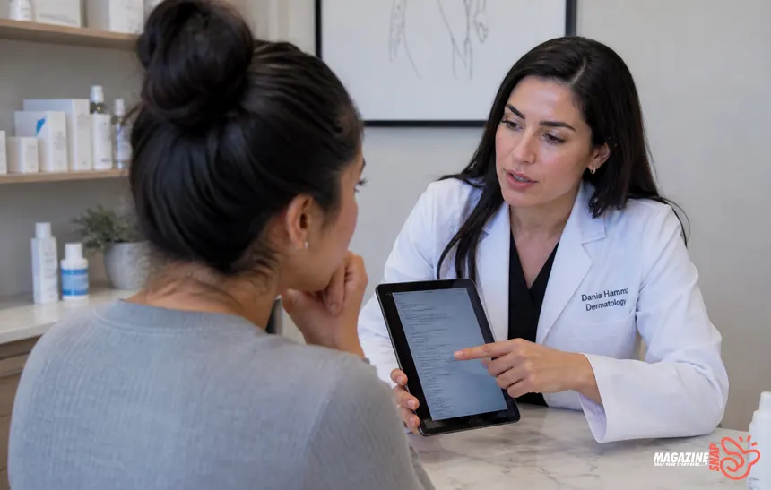 Dermatologist talking with patient about facial serum irritation and skincare ingredients