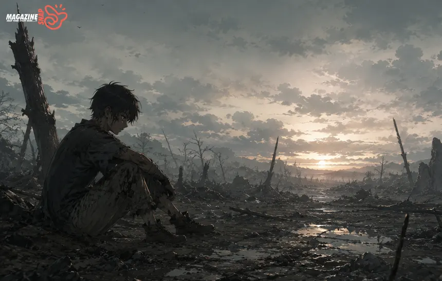 Anime-style exhausted boy sitting alone in a ruined forest battlefield at dawn with muted skies and broken trees.