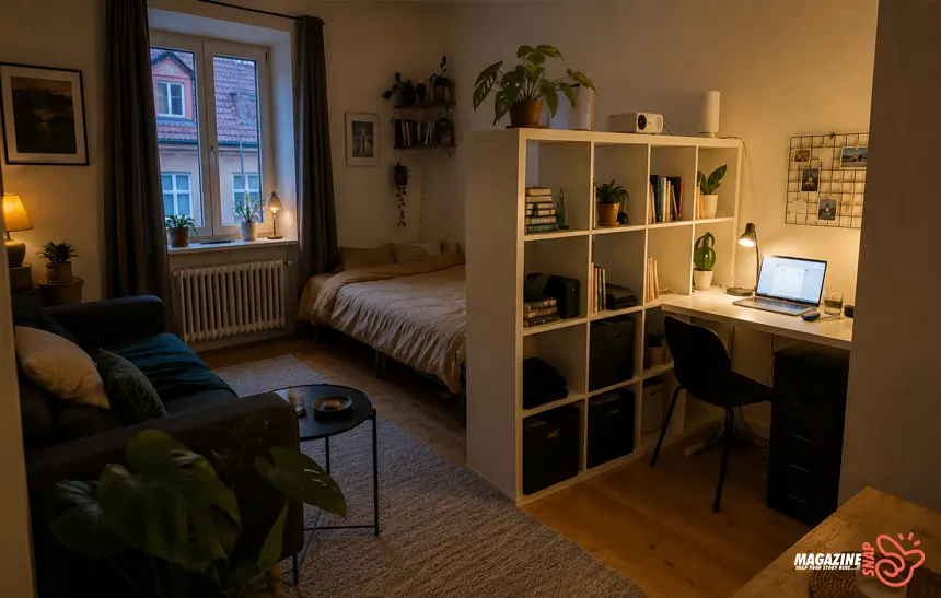 Studio apartment divided into workspace and bedroom zones using IKEA shelving