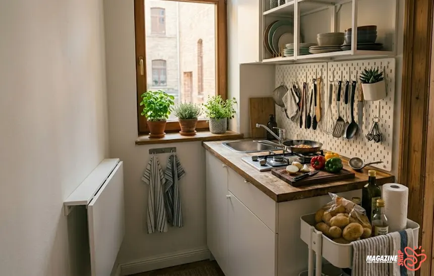 Small apartment kitchen with IKEA trolley storage and foldable wall table