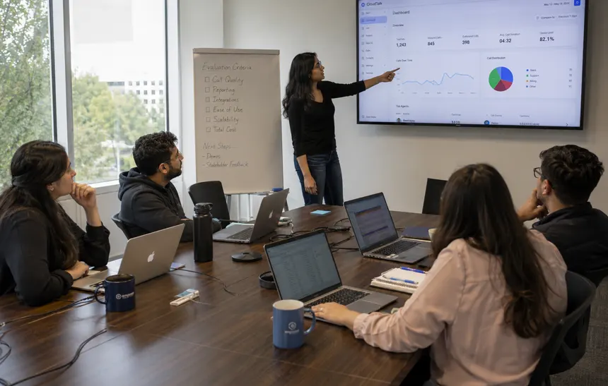 Customer support team reviewing inbound call center software during a live evaluation meeting.