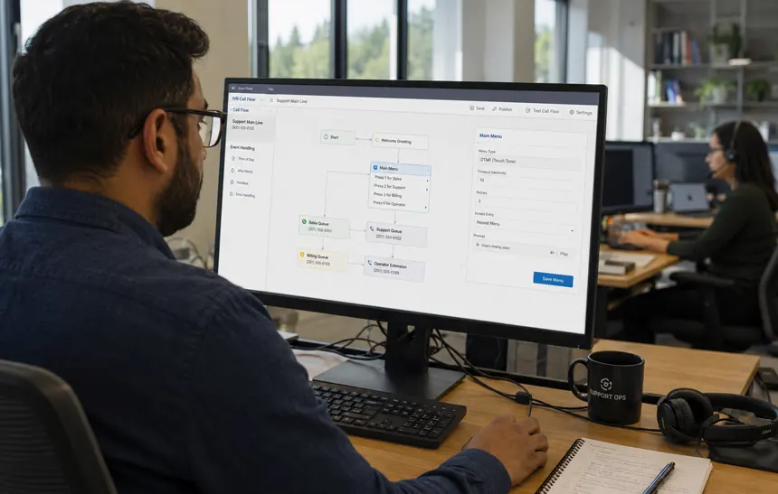 Operations manager building an IVR routing workflow on a desktop screen in a customer support office.