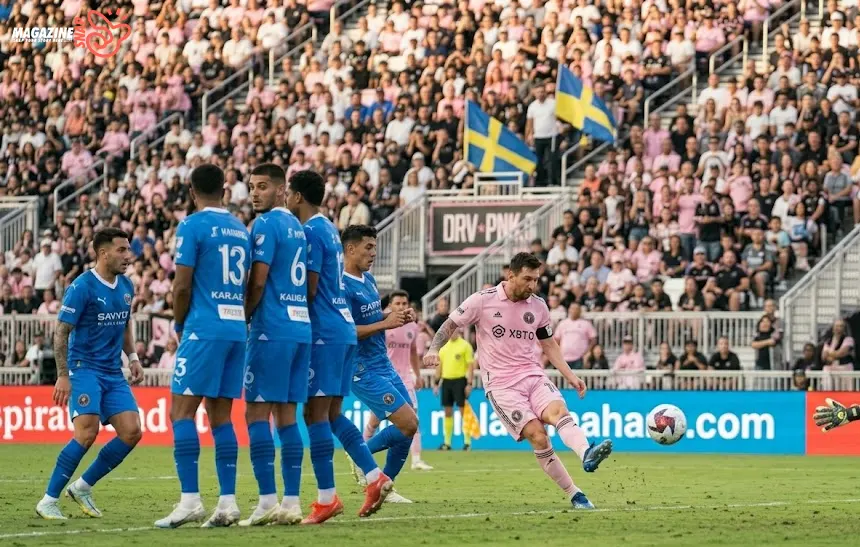 Lionel Messi curling a free kick for Inter Miami during an MLS match in daylight conditions.