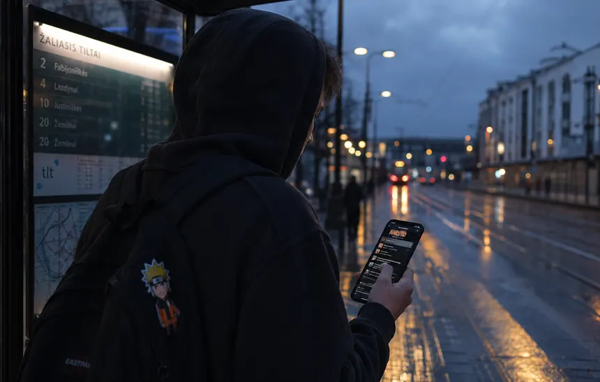 Young adult in Vilnius browsing Naruto fan discussions on a smartphone during a rainy evening.