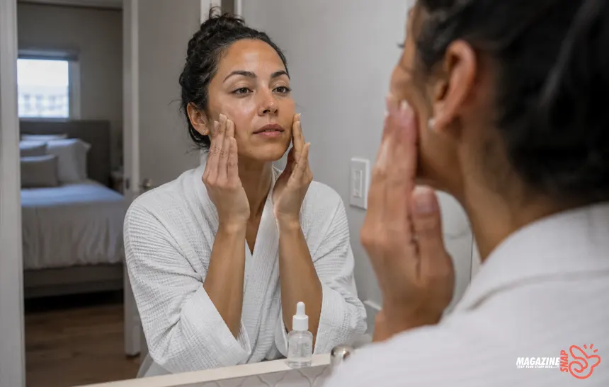 Woman gently applying facial serum to damp skin during a realistic morning skincare routine