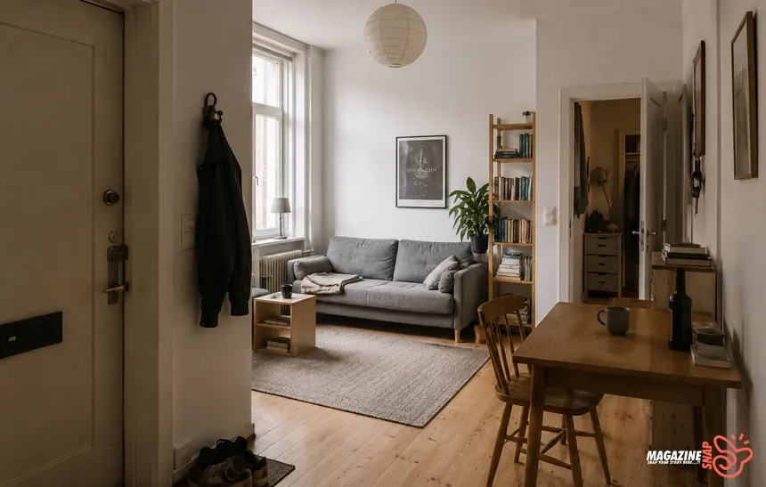 Small studio apartment with minimal IKEA furniture and natural daylight after decluttering