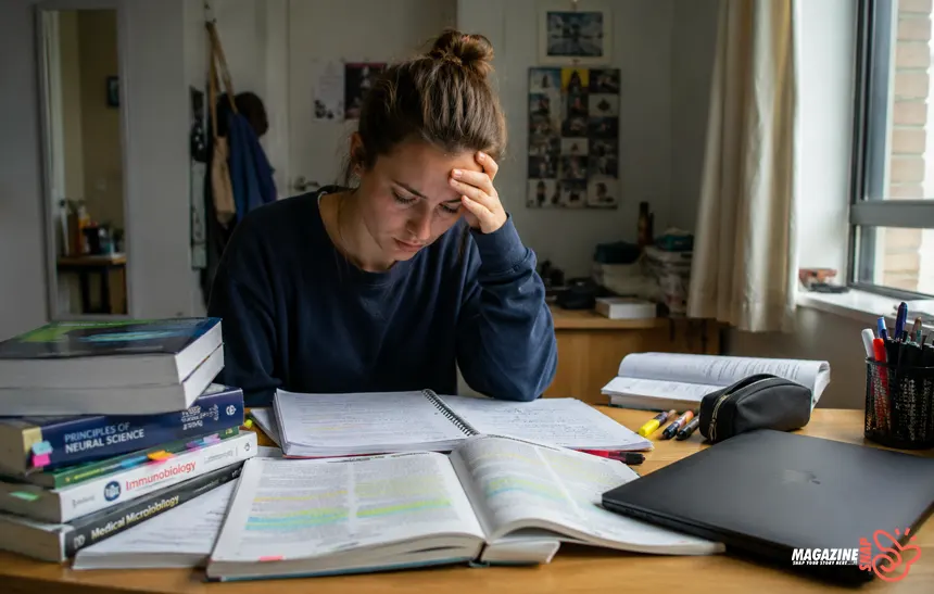 College student looking frustrated while studying with highlighted textbooks at a desk in natural light