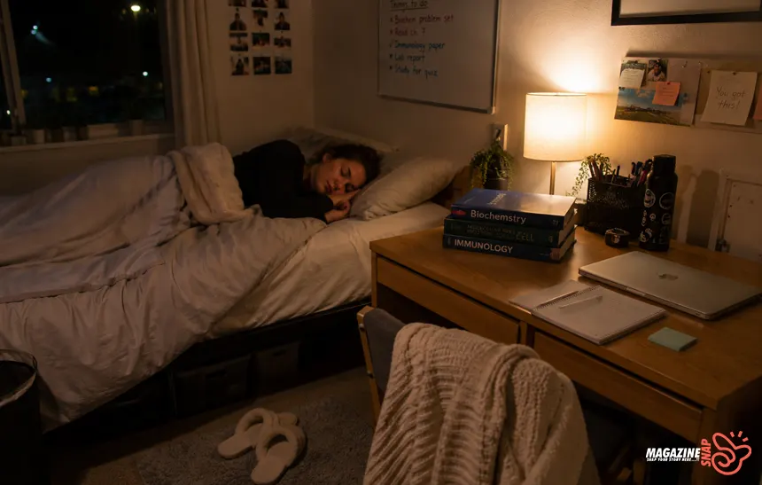 Student sleeping beside a study desk after an evening study session