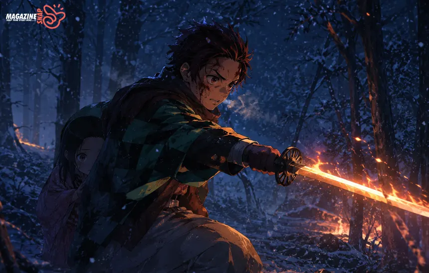 Anime-style boy with sword protecting his sister in a snowy forest illuminated by warm firelight at night.
