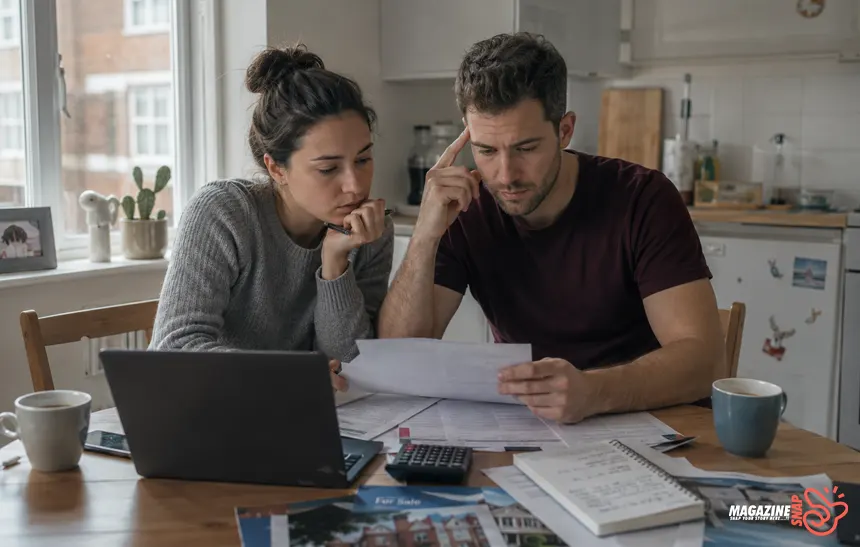 Young couple reviewing mortgage paperwork and property listings at a kitchen table in a UK apartment
