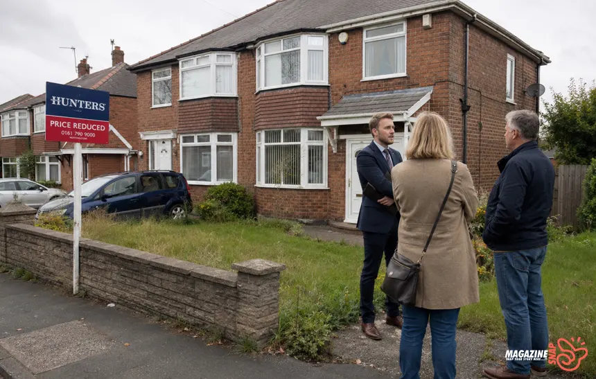 Couple viewing a reduced-price suburban house with an estate agent during summer in the UK housing market