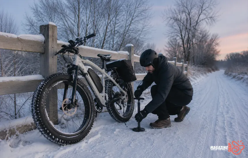 Fat tire e-bike with wide low-pressure tires on a snowy trail during winter morning setup