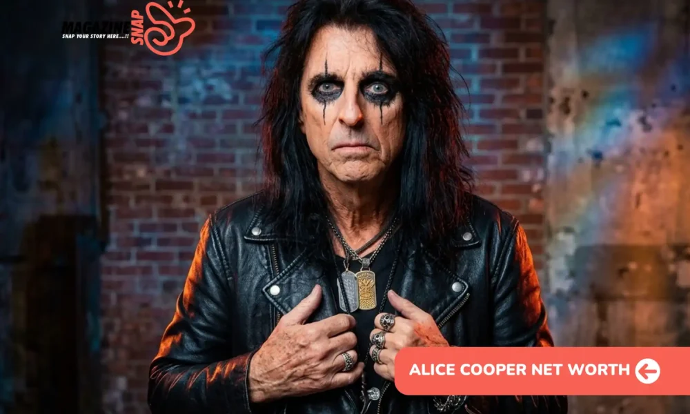 Alice Cooper net worth portrait, rocker in leather jacket with dark eye makeup