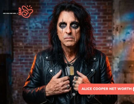 Alice Cooper net worth portrait, rocker in leather jacket with dark eye makeup