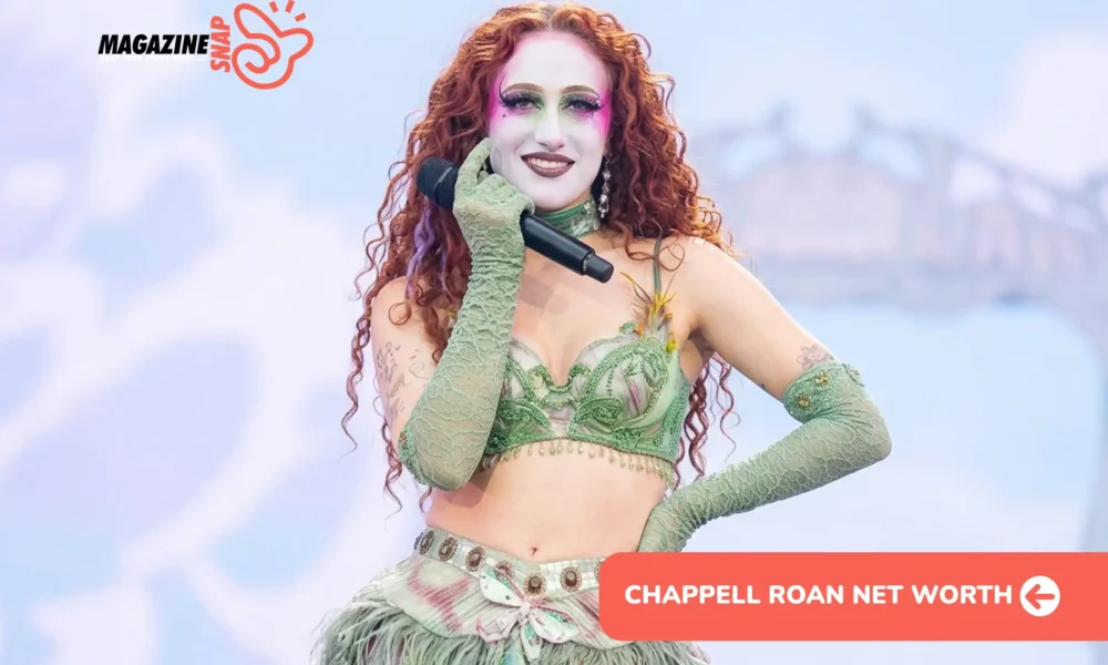 Chappell Roan performing live in green stage makeup and feathered costume