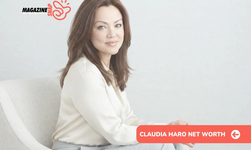 Claudia Haro net worth profile photo, woman in cream blouse seated in armchair