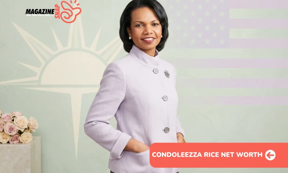 Condoleezza Rice smiling in lavender blazer with pearl earrings and brooch pin