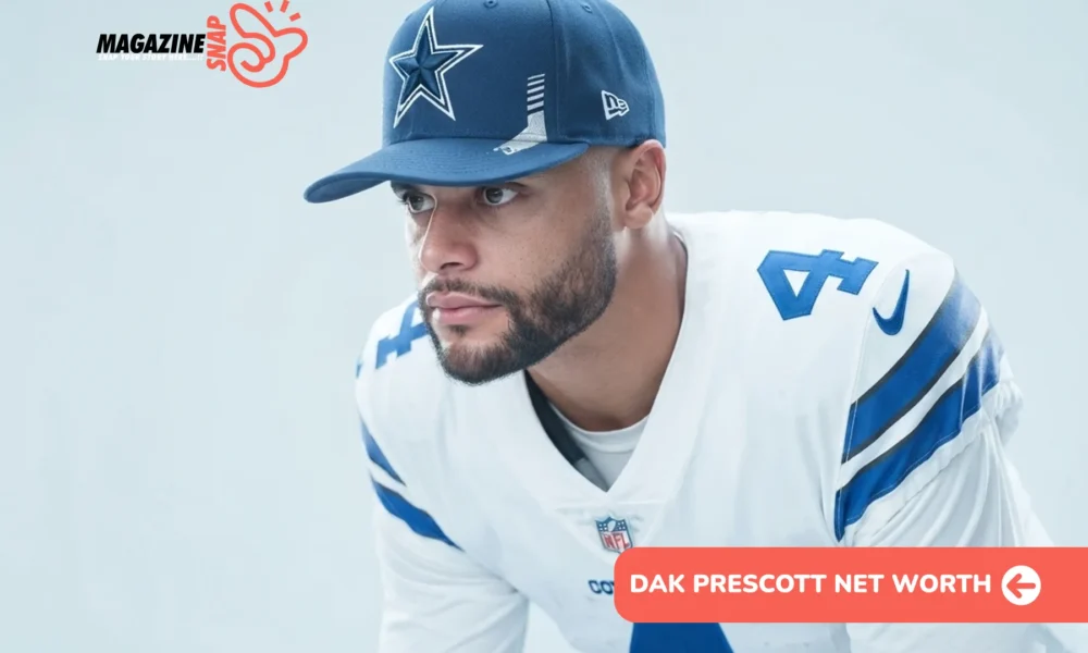 Dak Prescott in navy Cowboys cap and white number 4 jersey, studio close-up