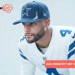 Dak Prescott in navy Cowboys cap and white number 4 jersey, studio close-up