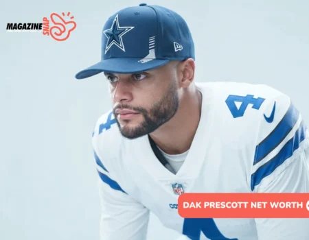 Dak Prescott in navy Cowboys cap and white number 4 jersey, studio close-up