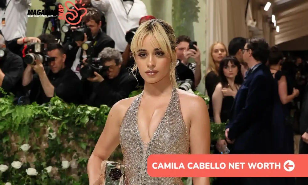 Camila Cabello net worth photo: sequined gown, red carpet, updo hairstyle.