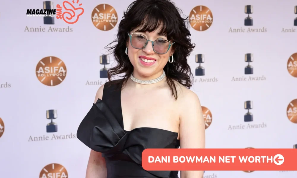Dani Bowman Net Worth article image, woman in black gown at Annie Awards backdrop